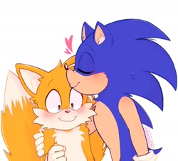 Size: 1900x1722 | Tagged: safe, artist:rm_blob, miles "tails" prower, sonic the hedgehog, blushing, chest fluff, clenched fist, cute, duo, duo male, ear fluff, eyes closed, gay, gloves, hand on another's shoulder, hearts, kiss on head, looking down, male, males only, modern sonic, modern tails, movie style, shipping, shrunken pupils, simple background, sonic x tails, standing, surprised, white background, wide eyes