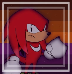 Size: 500x513 | Tagged: safe, artist:triplettailedfox, knuckles the echidna, echidna, sonic mania adventures, 2022, absentiagender pride, abstract background, clenched fists, frown, gloves, icon, looking at viewer, mobius.social exclusive, no source, pride flag background, solo, xenogender