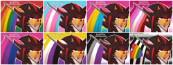 Size: 4096x1548 | Tagged: safe, artist:artisterki, shadow the hedgehog, hedgehog, 2020, abstract background, asexual pride, bisexual pride, english text, frown, gay pride, gloves off, glowing eyes, holding something, lesbian pride, lidded eyes, male, nonbinary pride, panels, pansexual pride, pride, pride flag, pride flag background, solo, standing, straight ally, trans pride