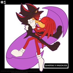 Size: 2048x2048 | Tagged: safe, artist:artisterki, knuckles the echidna, shadow the hedgehog, 2020, abstract background, barefoot, blushing, duo, eyes closed, gay, heart, holding each other, kiss, knuxadow, males only, mid-air, shipping, shoes off, socks