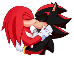 Size: 900x716 | Tagged: safe, artist:fire-for-battle, artist:mindishadikku, knuckles the echidna, shadow the hedgehog, 2019, blushing, deviantart watermark, duo, eyes closed, gay, gloves, holding each other, kiss, knuxadow, male, males only, shipping, simple background, standing, transparent background