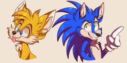 Size: 10449x5185 | Tagged: safe, artist:plaguedogs123, miles "tails" prower, sonic the hedgehog, beige background, duo, fluffy, simple background, tongue out