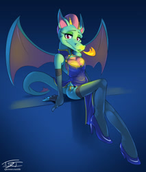 Size: 1020x1200 | Tagged: safe, artist:epictones, dulcy the dragon, beautiful, blue background, breasts, breathing fire, cleavage, dress, heels, leaning back, looking at viewer, qipao, sexy, signature, sitting on ledge, solo, stockings