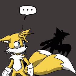 Size: 2048x2048 | Tagged: safe, artist:maxi_fabulous, miles "tails" prower, ..., duo, floppy ears, grey background, looking at something, looking back, nervous, shadow (lighting), shivering, simple background, solo, standing, sweatdrop