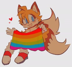 Size: 2048x1884 | Tagged: safe, artist:tlaizs, miles "tails" prower, fox, 2022, blushing, grey background, heart, holding something, looking at viewer, mouth open, pride, pride flag, redesign, simple background, sitting, solo