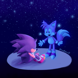 Size: 500x500 | Tagged: safe, artist:bunny0rgans, miles "tails" prower, sonic the hedgehog, 2022, abstract background, crying, duo, ghost, implied death, sad, sitting, sonic the hedgehog 2 (8bit), star (sky), tears of sadness
