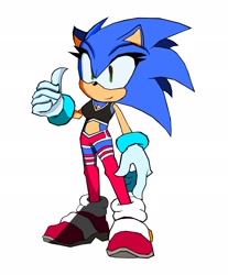 Size: 1697x2048 | Tagged: safe, artist:mistylesby, sonic the hedgehog, hedgehog, 2020, crop top, eyelashes, female, looking at viewer, shorts, simple background, smile, solo, teenager, thumbs up, trans female, trans girl sonic, transgender, white background