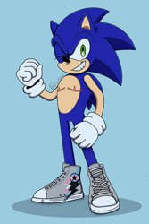 Size: 1200x1800 | Tagged: safe, artist:xxyloto, sonic the hedgehog, hedgehog, 2022, alternate shoes, blue background, clenched fists, clenched teeth, gloves, looking at viewer, male, modern sonic, redraw, shoes, simple background, smile, solo, standing, top surgery scars, trans boy sonic, trans male, transgender, wink