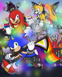 Size: 1080x1350 | Tagged: safe, artist:xxyloto, amy rose, big the cat, blaze the cat, charmy bee, cheese (chao), cream the rabbit, knuckles the echidna, miles "tails" prower, shadow the hedgehog, silver the hedgehog, sonic the hedgehog, vector the crocodile, 2022, abstract background, asexual pride, bisexual pride, daytime, demisexual pride, everyone is here, eyes closed, flag, flying, group, holding something, modern amy, modern knuckles, modern sonic, modern style, modern tails, mouth open, nonbinary pride, outdoors, polysexual pride, pride, pride flag, progress pride, railing, running, signature, smile, spinning tails, standing, wall of tags