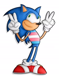 Size: 1477x1934 | Tagged: safe, artist:terriperry, sonic the hedgehog, hedgehog, 2019, binder, double v sign, looking up, male, modern sonic, simple background, smile, solo, standing, trans boy sonic, trans male, trans pride, transgender, white background