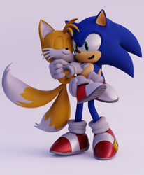Size: 3004x3640 | Tagged: safe, artist:cutietree, miles "tails" prower, sonic the hedgehog, 2017, 3d, carrying them, duo, duo male, eyes closed, gay, looking at them, male, males only, modern sonic, modern tails, shipping, smile, sonic x tails, standing