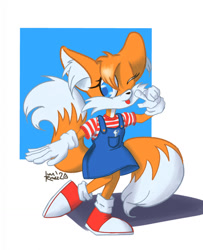 Size: 1037x1280 | Tagged: safe, artist:drawcat, miles "tails" prower, fox, 2020, abstract background, dress, ear fluff, female, headcanon, looking at viewer, signature, solo, standing on one leg, tongue out, trans female, trans girl tails, transgender, wink