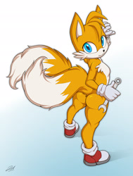 Size: 1546x2048 | Tagged: suggestive, artist:hotpixa, miles "tails" prower, fox, 2022, aged up, butt, from above, gradient background, holding something, looking at viewer, looking up, looking up at viewer, male, signature, smile, solo, standing, teenager, wrench