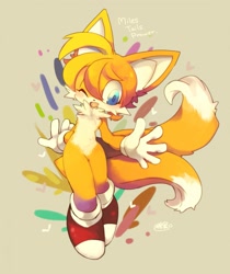 Size: 1073x1280 | Tagged: safe, artist:toumitu, miles "tails" prower, fox, 2017, abstract background, character name, child, cute, english text, fluffy, gloves, hearts, looking down, male, mid-air, modern tails, mouth open, shoes, signature, smile, socks, solo, tailabetes, wink