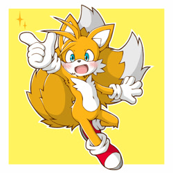 Size: 1280x1280 | Tagged: safe, artist:acky05, miles "tails" prower, fox, 2022, arm fluff, blushing, border, fluffy, leg fluff, looking at viewer, male, mid-air, modern tails, mouth open, outline, pointing, simple background, solo, sparkles, yellow background