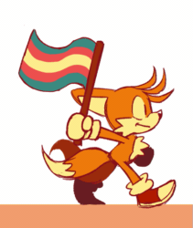 Size: 449x531 | Tagged: safe, artist:lyricstomb, miles "tails" prower, fox, abstract background, animated, holding something, looking ahead, male, modern tails, smile, solo, trans pride, walking