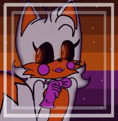 Size: 500x513 | Tagged: safe, artist:triplettailedfox, fox, 2022, absentiagender pride, abstract background, adult, bowtie, eyelashes, female, five nights at freddy's, gloves, glowing eyes, icon, lolbit (fnaf), looking offscreen, mobianified, mobius.social exclusive, pride flag background, smile, solo, xenogender