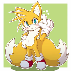 Size: 1280x1280 | Tagged: safe, artist:acky05, miles "tails" prower, fox, 2022, :3, blushing, border, child, gloves, green background, hand on hip, looking at viewer, male, outline, pointing, shoes, simple background, socks, solo, standing