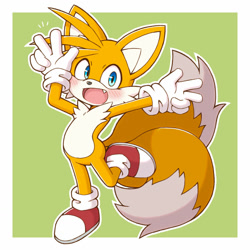 Size: 1280x1280 | Tagged: safe, artist:acky05, miles "tails" prower, fox, 2022, blushing, border, child, cute, double v sign, gloves, green background, looking at viewer, male, mouth open, one fang, outline, posing, shoes, simple background, socks, solo, standing on one leg
