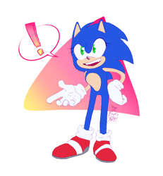Size: 1250x1350 | Tagged: safe, artist:pumpkindogart, sonic the hedgehog, hedgehog, 2019, abstract background, exclamation mark, eyelashes, female, gloves, hand on hip, looking offscreen, mouth open, pointing, shoes, signature, socks, solo, standing, trans female, trans girl sonic, transgender