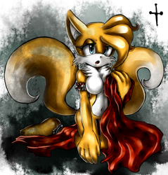 Size: 919x962 | Tagged: suggestive, artist:leon777, miles "tails" prower, fox, 2012, abstract background, adult, aged up, barefoot, breasts, female, gloves off, holding something, kneeling, lidded eyes, looking offscreen, mouth open, older, shoes off, socks off, solo