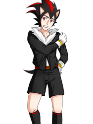 Size: 1200x1600 | Tagged: safe, artist:moonlight7earltea, shadow the hedgehog, human, 2022, adult, anime, belt, clenched teeth, furry collar, gloves, hedgehog ears, hedgehog tail, humanized, long socks, looking offscreen, male, simple background, solo, standing, white background, youtube link in description