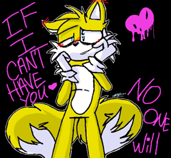 Size: 506x468 | Tagged: semi-grimdark, artist:frost42cat, miles "tails" prower, fox, 2020, black background, blushing, blushing ears, english text, evil grin, eye twitch, gloves, hands on own face, looking ahead, male, ms paint, outline, simple background, smile, solo, yandere