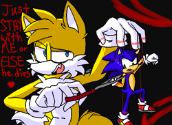 Size: 629x460 | Tagged: semi-grimdark, artist:frost42cat, miles "tails" prower, sonic the hedgehog, fox, hedgehog, 2021, abstract background, clenched teeth, dialogue, duo, ear fluff, english text, gloves, holding something, looking at something, looking at viewer, male, males only, mouth open, ms paint, one fang, scissors, shoes, signature, socks, strings, sweatdrop, this will end in injury and/or death, this won't end well, yandere