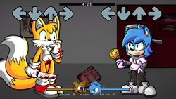 Size: 1313x738 | Tagged: semi-grimdark, amy rose, miles "tails" prower, oc, fox, hedgehog, blood, blood splatter, clenched teeth, diary, friday night funkin, gloves, holding something, hoodie, knife, looking at each other, male, mod, mod:tails' diary, pants, screenshot, shoes, shrunken pupils, socks, standing, trio