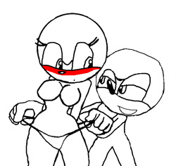Size: 666x628 | Tagged: suggestive, artist:bitchyangelbug662, oc, 2009, ambiguous gender, base, blushing, breasts, dot mouth, duo, female, generic mobian, lidded eyes, looking at each other, monochrome, panties, simple background, white background