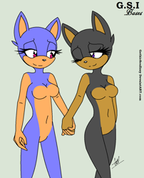 Size: 1012x1250 | Tagged: safe, artist:gothicsoulizzy, 2014, adult, base, breasts, duo, eyelashes, generic mobian, green background, holding hands, lesbian, lidded eyes, looking at each other, signature, simple background, smile, standing, walking, wink
