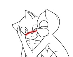 Size: 1280x994 | Tagged: safe, artist:darklight98, 2013, ambiguous gender, base, blushing, duo, eyes closed, frown, generic mobian, hand on another's face, licking, monochrome, one eye closed, simple background, tongue out, white background
