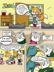 Size: 962x1280 | Tagged: safe, artist:sdcharm, miles "tails" prower, oc, oc:jackson the wolf, oc:londa the wolf, fox, wolf, comic:tails the babysitter, 2017, bag, bending over, character name, child, comic, daytime, dialogue, english text, female, frown, house, indoors, male, one fang, panels, pin, question mark, standing, this will end in pain, trio