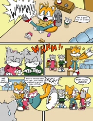 Size: 978x1280 | Tagged: safe, artist:sdcharm, miles "tails" prower, oc, oc:jackson the wolf, oc:londa the wolf, fox, comic:tails the babysitter, 2017, angry, blushing, clenched teeth, comic, dialogue, english text, female, holding something, house, indoors, male, mouth open, pain, panels, screaming, sfx, standing, trio, underwear, wedgie