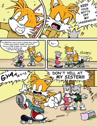 Size: 988x1280 | Tagged: safe, artist:sdcharm, miles "tails" prower, oc, oc:jackson the wolf, oc:londa the wolf, fox, wolf, comic:tails the babysitter, 2017, annoyed, child, comic, dialogue, english text, female, male, mouth open, pain, panels, scolding, shouting, skateboard, this won't end well, trio, underwear, yelling