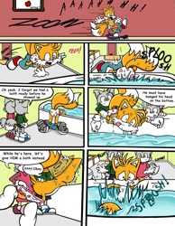 Size: 991x1280 | Tagged: safe, artist:sdcharm, miles "tails" prower, oc, oc:jackson the wolf, oc:londa the wolf, fox, wolf, comic:tails the babysitter, 2017, bath, child, comic, dialogue, english text, female, house, indoors, male, pain, panels, sfx, socks, trio, underwear, water, x eyes