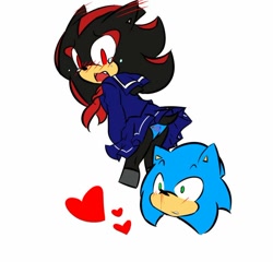 Size: 800x767 | Tagged: suggestive, artist:shadew.doodles, shadow the hedgehog, sonic the hedgehog, hedgehog, 2017, blushing, blushing ears, butt, crossdressing, crying, duo, femboy, gay, head only, hearts, leaning in, looking back at viewer, male, males only, mouth open, nosebleed, one fang, panties, schoolgirl outfit, shadow x sonic, shipping, shrunken pupils, simple background, socks, standing, tears of embarrassment, upskirt, white background
