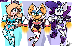 Size: 5700x3700 | Tagged: suggestive, artist:sparksaxel, rouge the bat, crossover, jetpack, rarity, rosalina, trio