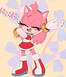 Size: 881x1031 | Tagged: safe, artist:chocomilkamy, amy rose, abstract background, eyes closed, musical notes, singing, solo, standing