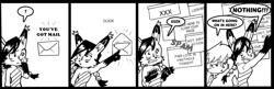 Size: 1024x330 | Tagged: safe, artist:telofax, nicole the hololynx, sally acorn, black and white, comic, dialogue, duo, english text, panels
