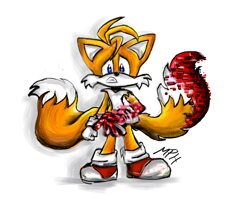Size: 882x722 | Tagged: safe, artist:0milestailsprower1, miles "tails" prower, sonic frontiers, 2022, clenched teeth, corruption, glitch, looking at viewer, scared, signature, simple background, solo, standing, white background