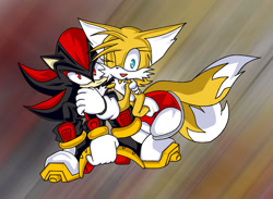 Size: 1376x1008 | Tagged: safe, artist:rx-blackhowling, miles "tails" prower, shadow the hedgehog, 2009, abstract background, duo, female, gender swap, holding each other, looking at viewer, looking up, male, smile, wink