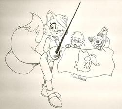 Size: 1573x1408 | Tagged: safe, artist:twisted-wind, miles "tails" prower, oc, oc:lilliac, oc:zenox, 2011, adult, banner, cheering, female, fencing sword, gender swap, holding something, looking at them, looking at viewer, male, mario & sonic at the olympic games, mouth open, older, simple background, smile, solo focus, traditional media, trio, twisted tails, wink