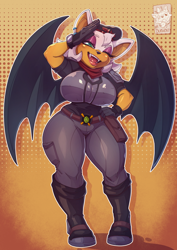 Size: 2500x3541 | Tagged: safe, artist:mrdeathcat, rouge the bat, beret, bootyfull rouge, busty rouge, huge breasts, looking at viewer, rouge's commando outfit, salute, solo, wink