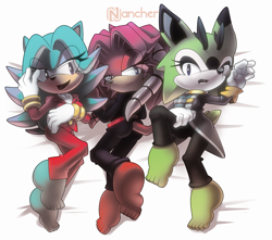 Size: 2492x2207 | Tagged: suggestive, artist:nancher, breezie the hedgehog, clove the pronghorn, lien-da, barefoot, hair over one eye, looking back, looking back at viewer, looking over shoulder, trio