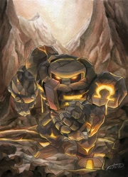 Size: 850x1182 | Tagged: safe, artist:finikart, e-123 omega, golem, halloween, lava, species swap