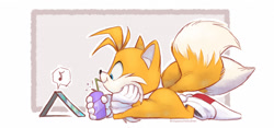 Size: 1280x600 | Tagged: safe, artist:nyaasu, miles "tails" prower, drinking, featured image, lying down, side view, signature, solo