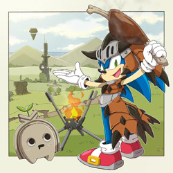 Size: 1200x1200 | Tagged: safe, sonic twitter, sonic the hedgehog, sonic frontiers, clouds, cooking, crossover, daytime, duo, koco, monster hunter, ocean