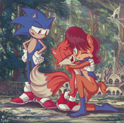 Size: 808x802 | Tagged: safe, artist:jowyb, miles "tails" prower, sally acorn, sonic the hedgehog, trio