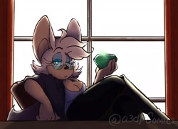 Size: 1536x1120 | Tagged: safe, artist:a3dpcomics, rouge the bat, chaos emerald, glasses, leaning back, looking at viewer, office outfit, solo